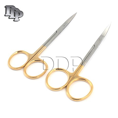 DDP Set of 2 O.R Grade Iris Scissors Straight and Curved Reusable Gold Plated Handle 4.5 inch