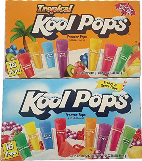 Kool Pops Freezer Pops Bundle _ 2 Items  2 Boxes of 16 Pops _ Original and Tropical Flavors Kool Pops Freezer Pops Bundle _ 2 Items  2 Boxes of 16 Pops _ Original and Tropical Flavors