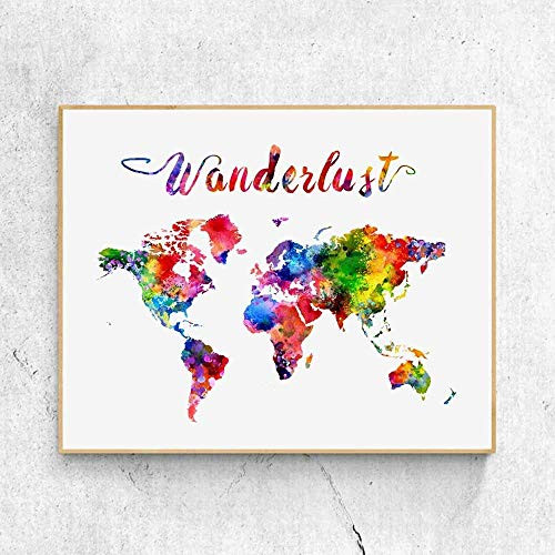 Wanderlust World Map Watercolor Art Print Travel World Traveler Poster Watercolor Map Wall Decor 8x10 Inches No Frame