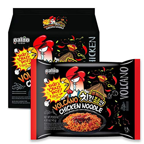 Paldo Fun  and  Yum Volcano Extremely Hot  and  Spicy Stir Fried Chicken Instant Noodles_ Pack of 4_ Soupless Original Korean Ramyun_ Spicy Ramen Challenge_ Chicken Bokkeummyun_ 140g _4.93 oz_ x 4
