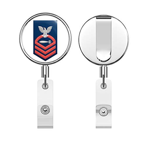 US Navy Chief Red E_7 Torpedoman's Mate TM Round ID Badge Key Card Tag Holder Badge Retractable Reel Badge Holder with Belt Clip