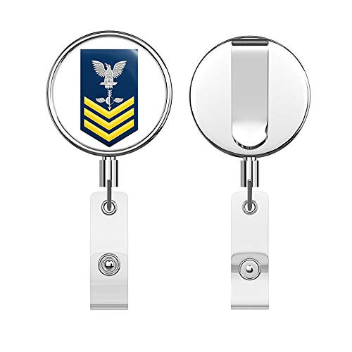 US Navy Gold E_6 Aerographers Mate AG Round ID Badge Key Card Tag Holder Badge Retractable Reel Badge Holder with Belt Clip