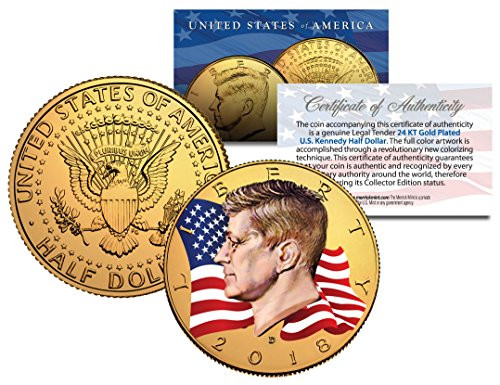 Colorized FLOWING FLAG 2018 JFK Kennedy Half Dollar Coin 24K GOLD Plated D Mint