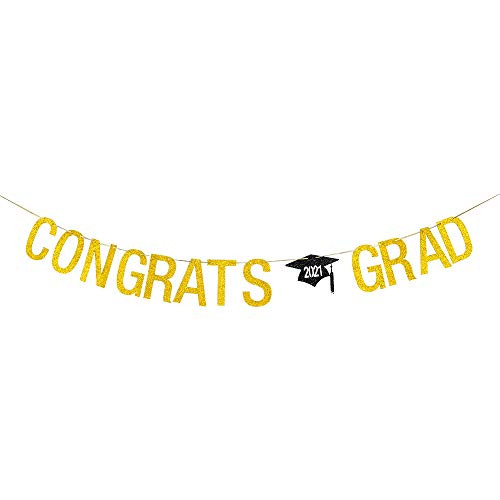 Halawawa Congrats Grad Banner_ Congratulations Grad 2021 Graduation Party Bunting Decor Decorations Supplies Backdrop _ Gold Glitter