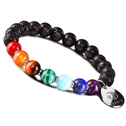 JOXFA Natural Genuine 7 Chakra Gemstone Bracelet for Men Women_ 8mm Lava Rock Aromatherapy Essential Oil Diffuser Bracelet Elastic Stretch Charm Healing Stone Yoga Beads Bracelet Bangle