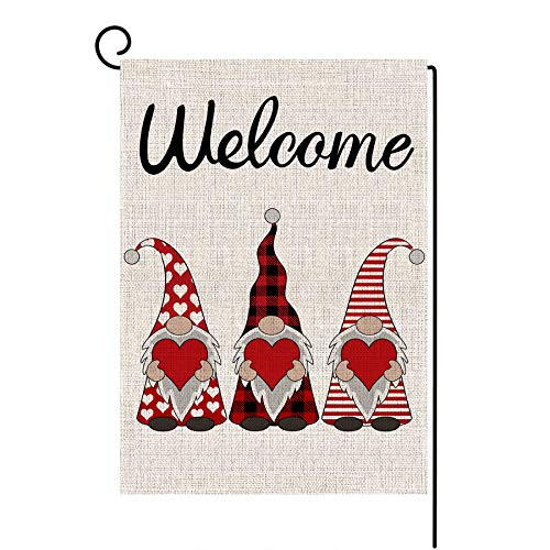 Welcome Valentines Day Garden Flag Vertical Double Sided Buffalo Plaid Gnome Love Heart Spring Garden Flag_ Valentine's Day Holiday Anniversary Wedding Yard Outdoor Decoration 12.5 x 18 Inch