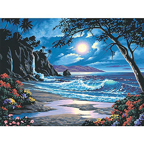 Kit de pintura de Diamante 5D_ Diamante completo con Bordado de Luna Beach con Diamantes de imitación y Punto de Cruz para decoración de pared del hogar