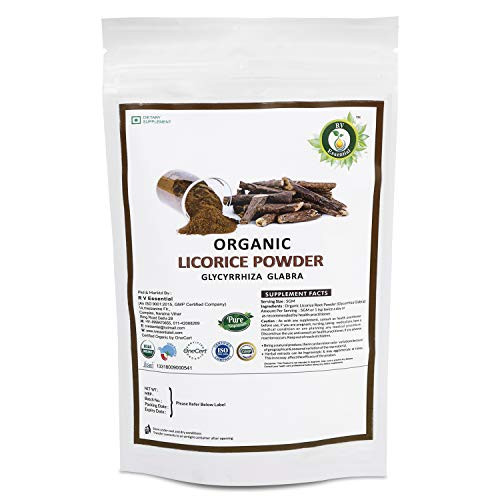 R V Essential Organic Licorice Powder 100gm  3.53oz  0.22lb Glycyrrhiza Glabra Licorice Root Powder Mulethi Powder Yastimadu Powder Liquorice Powder USDA Organic Certified Supplement in Zip Lock Pouch