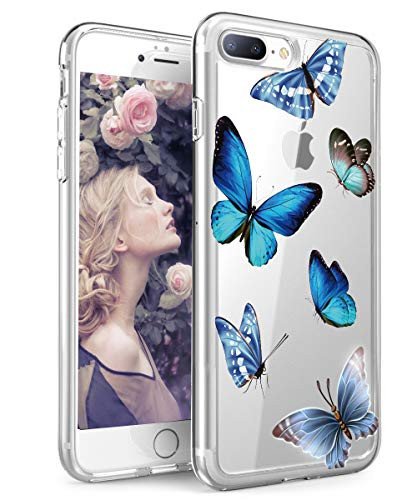 SPEVERT Case for iPhone 7 Plus Case for iPhone 8 Plus Case Flower Pattern Printed Clear Transparent Hard Back Case with TPU Bumper Cover for iPhone 7 Plus 8 Plus 5.5 inches _ Blue Butterfly