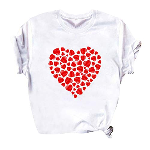 Hotkey Short Sleeve Shirts for Women_ Valentine's Day Heart Printed Solid Color T_Shirts Casual O Neck Shirts Tee Top White