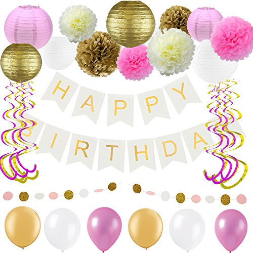 Kubert Tissue Gold Ivory White and Pink Paper Pom Pom Flowers and Paper Tassels Garland Birthday Wedding and Party Decoration