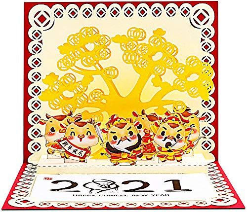 FaCraft Chinese Happy New Year Card 2021 Pop Up Greeting Card with Envelopes_Cute 3D Chinese Card_2021 Year of the Ox Greeting Cards Gift for Family Kids Colleagues Friends