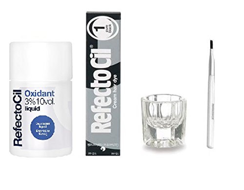 RefectoCil Pure Black Cream Hair Dye and Liquid Oxidant 3%  1.7 oz., Color Kit with Mixing Brush and Dish