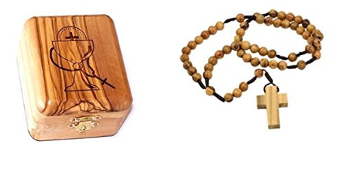 Bethlehem Olive Wood First Communion Jewelry Box with Rosary by Bethlehem Gifts TM (Simple Rosary Olive Wood Cross)
