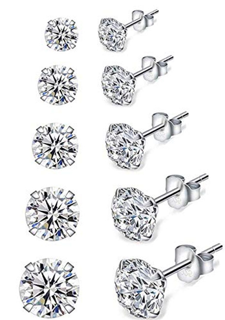 Bestwick 3_7mm Silver Stud Earrings for Women Mens Girls_ 925 Sterling Silver 14K White Gold Plated Round Cubic Zirconia Hypoallergenic Studs Earrings Set_ CZ Simulated Diamond Cartilage Stud?5 Pairs?