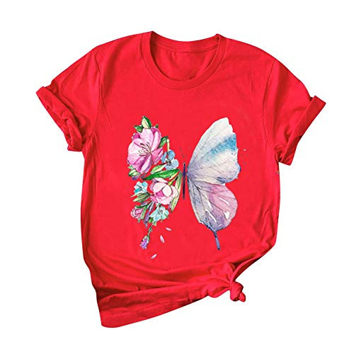 Hotkey Womens Short Sleeve Tops_ Butterfly Print T_Shirt Blouse Solid Color O_Neck Tee Shirts Print T Shirts Tops Top Red