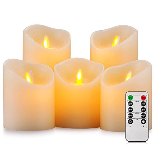Pandaing Battery Operated Candles Set of 5 Pillar Realistic Moving Flame Real Wax Flameless Flickering LED Candles with Remote Control 2 4 6 8 Hours Timer
