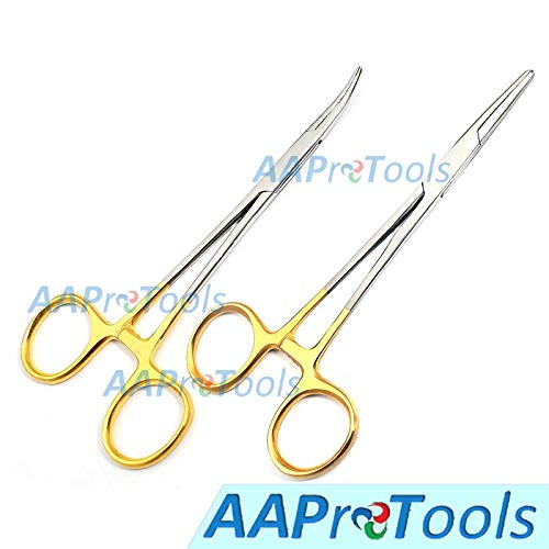 AAProTools 2 Pcs Gold Handle Premium O.R Grade Mosquito Locking Hemostat Forceps Straight  Plus  Curved 5 inch