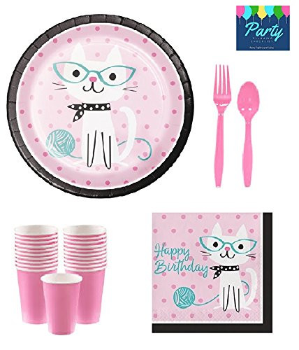 Cat Birthday Party Supplies - Purr-Fect Kitty Plates and Napkins With Pink Cups & Cutlery for 16 Guests