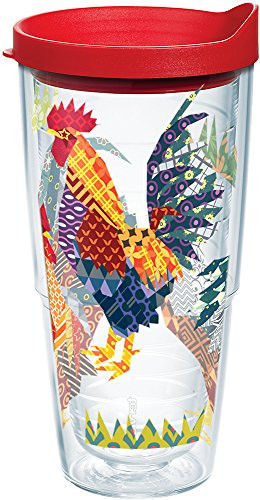 Tervis 1178047 Patchwork Rooster Tumbler with Wrap and Red Lid 24oz, Clear