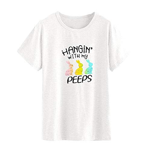 Hotkey Womens Short Sleeve Tops_ Easter Blouse Bunny Print Easter Letter Print Solid O_Neck Plus Size T Shirts Tee Top White