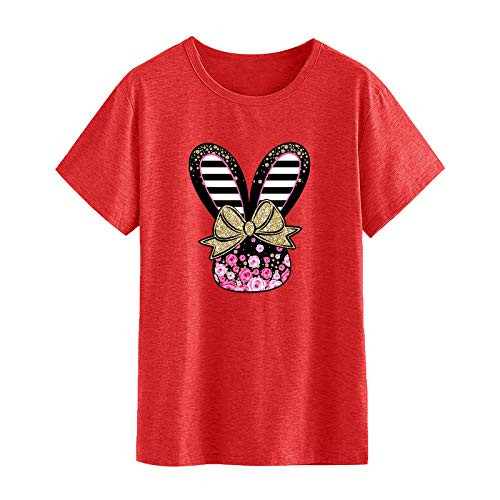 Hotkey Womens Short Sleeve Tops_ Easter Solid O_Neck Plus Size T Shirts Blouse Easter Bunny Print Tee Top Shirts Red