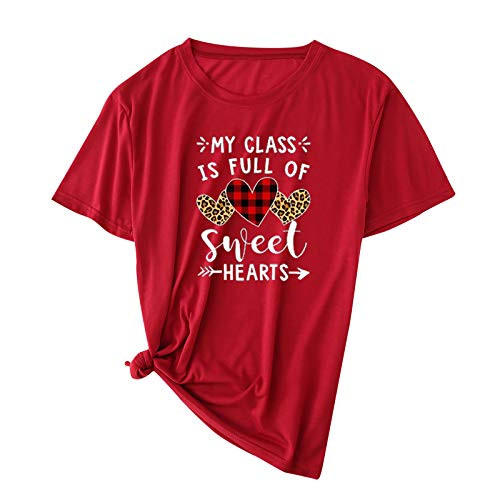 Hotkey Short Sleeve Shirts for Women_ Valentine's Day Fashion O_Neck Tops Heart Printed Solid Plus Size T Shirts Top