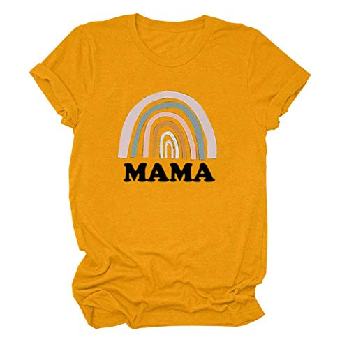 Hotkey Womens Short Sleeve Tops_ Solid Plus Size Mother s Day Mama Letter Print T Shirt O Neck Tee Top Blouse Shirts Yellow