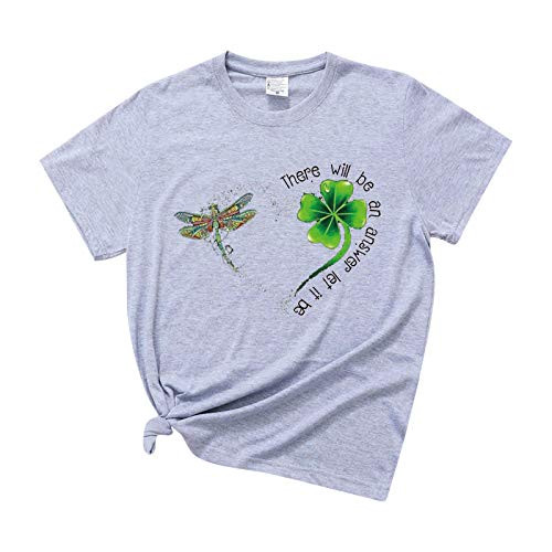 Hotkey Short Sleeve Shirts for Women_ St. Patrick's Day Solid T_Shirts Plus Size O Neck Letter Print Tee Top Blouse Gray