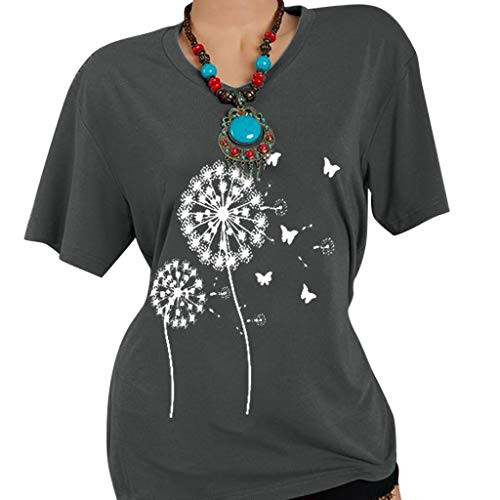 Hotkey Womens Short Sleeve Tops_ Dandelion Printed Tops T Shirts O Neck Tee Tops Solid Plus Size Tunic Tops Shirt Dark Gray