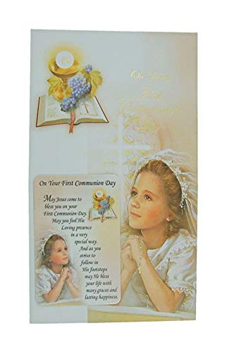 Girls First Communion Greeting Card with Keepsake Prayer Card_ 7 1 2 Inch
