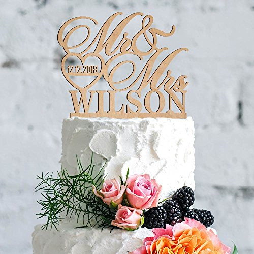 Personalized Wedding Cake Topper _ Mr Mrs Cake Toppers w Last Name and Date _ Custom Acrylic Cake Decorations_ Rustic Wedding Cake Topper for Bride and Groom _ 3 Wooden Patterns