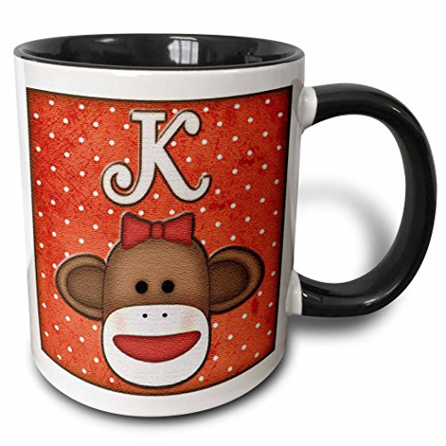 3dRose Cute Sock Monkey Girl Initial Letter K Two Tone Mug_ 11 oz_ Black White