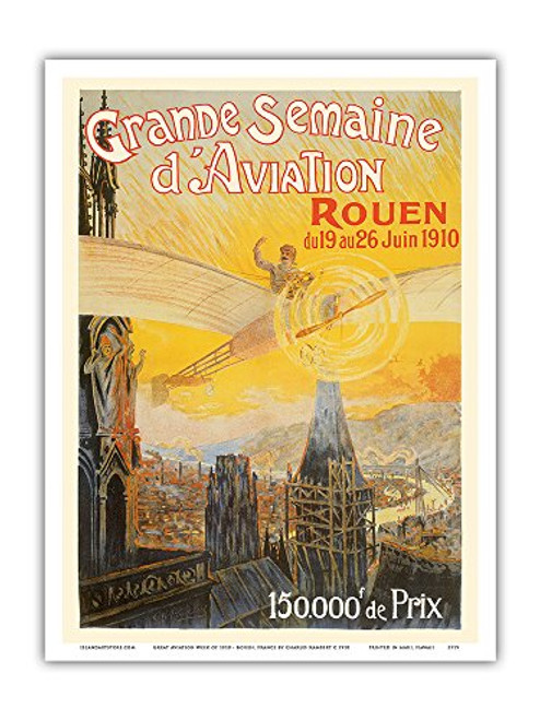 Pacifica Island Art _ Great Aviation Week of 1910 _ Rouen_ France _ Vintage Airline Travel Poster by Charles Rambert c.1910 _ Master Art Print _ 9in x 12in
