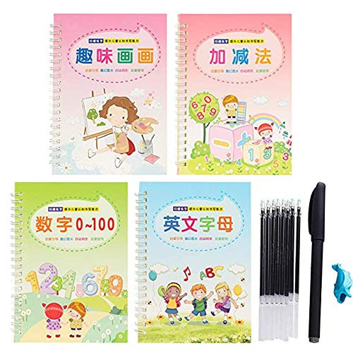Magic Calligraphy Reused Handwriting Practice Calligraphy Handwriting for Kids Pen and Copybook_ Writing automatically disappear after dry _C? 4 Copybook 1Pen 1Penholder 8 Refills_