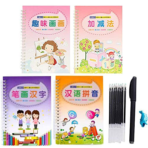 Magic Calligraphy Reused Handwriting Practice Calligraphy Handwriting for Kids Pen and Copybook_ Writing automatically disappear after dry _B? 4 Copybook 1Pen 1Penholder 8 Refills_