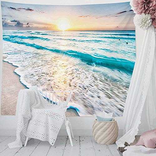 HIYOO Home Beach Waves Sunrise Tapestry Wall Hanging Tropical Ocean Sea Coast Seashore Wall Tapestry_ Nature Art Tapestries Decor for Dorm Bedroom Living Room Wall Background 60 inch  W x 51 inch  L