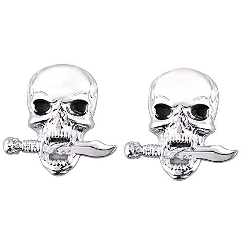 2Pcs 3D Devil Skull Skeleton Embelm Car Logo Body Modification Metal Badge Decal Car Side Truck Cover Tail Box Car Motorcycle Personality Decoration Sticker _Silver_