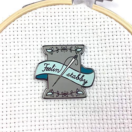 Grey  and  Teal Feeling Stabby Needle and Spool Hard Enamel Needle Minder