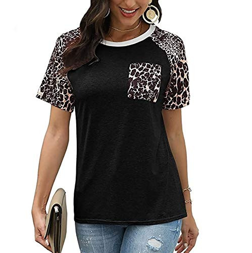 Hotkey Womens Short Sleeve Tops_ Solid Plus Size T Shirt O Neck Animal Pattern Patchwork Tee Top Blouse Tunic Top Black