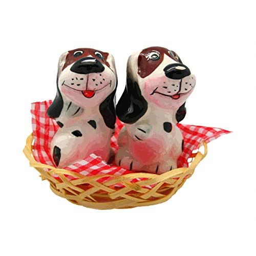 Dogs in Basket Animal Ceramic Salt and Pepper Shakers Set by E.H.G