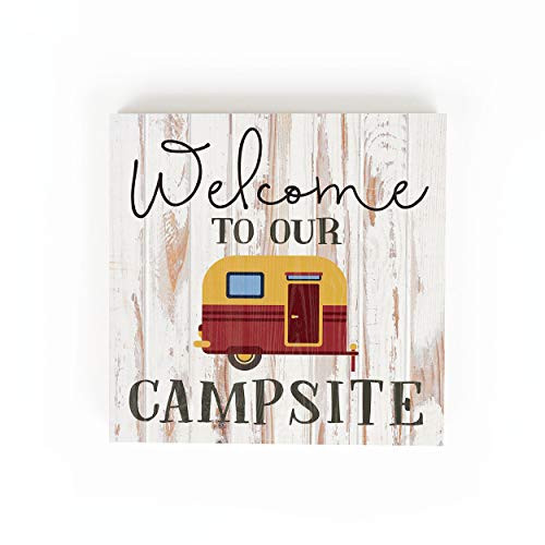 P. Graham Dunn Welcome Campsite Trailer Whitewash Plank 5.5 x 5.5 Solid Wood Barnhouse Block Sign