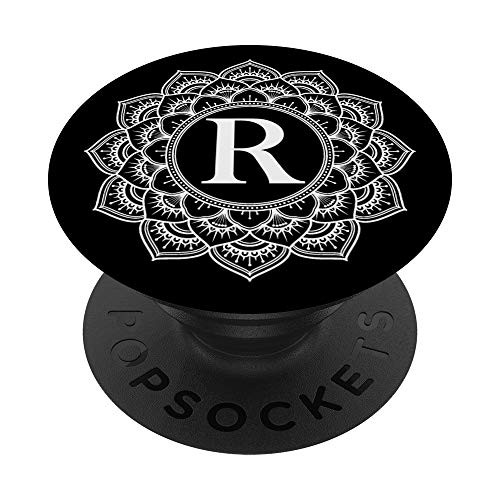 Black Floral White Flower Monogram Letter R Initial Mandala PopSockets PopGrip  Swappable Grip for Phones  and  Tablets