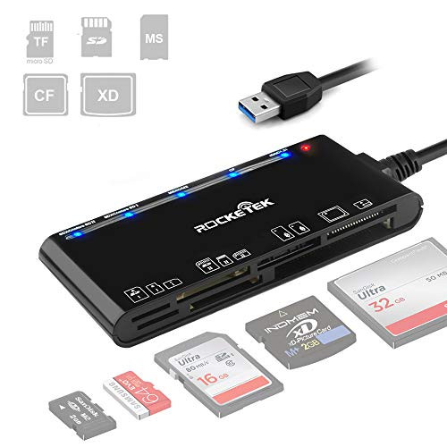 Rocketek USB 3.0 Memory Card Reader Writer Hub 7 in 1 for CF CFI TF Card_ xD Card_ SD Card_ Micro SD SDXC SDHC Card_ MS Card_ Card Solt All in one Card Reader for Windows XP Vista Mac OS Linux