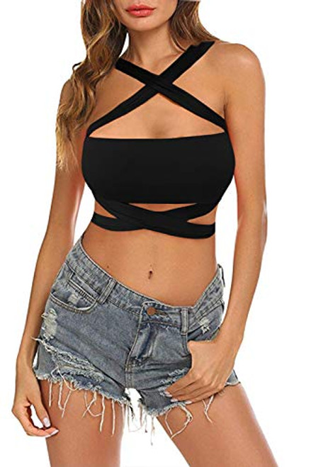 KAKALOT Women's Criss Cross Halter Bandage Crop Tops Cut Out Active Bustier Cami L Black KAKALOT Women's Criss Cross Halter Bandage Crop Tops Cut Out Active Bustier Cami L Black