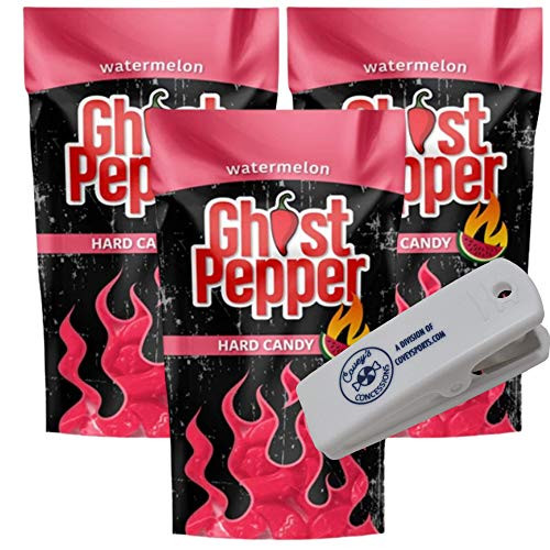 Flamethrower Ghost Pepper Hard Candy Watermelon Flavor _ _3_Pack_ 1.3 oz Bags_ _ Flavored Candies Made with Real Ghost Pepper Chiles Bundled with Covey s Concessions Clip Flamethrower Ghost Pepper Hard Candy Watermelon Flavor _ _3_Pack_ 1.3 oz Bags_ _ Flavored Candies Made with Real Ghost Pepper Chiles Bundled with Covey s Concessions Clip