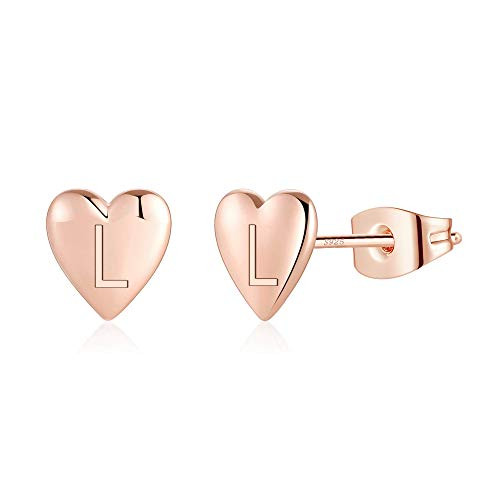 925 Sterling Silver Heart Stud Earrings for Girls Women_ Hypoallergenic 14k Rose Gold Plated Small Heart Earrings Dainty Sterling Silver L Letter Initial Earrings Jewelry for Teen Girls Sensitive Ears