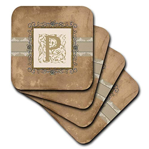 3dRose CST_186362_2 P Initial Vintage Elegant Vines & Flowers in Sepia & Pewter Look Soft Coaster (Set of 8)