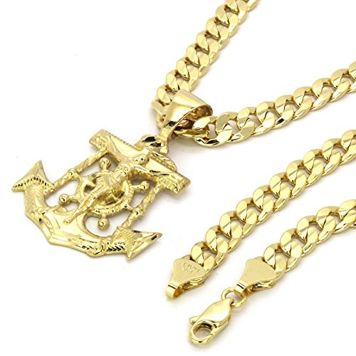 14k Gold Plated on Brass Hip Hop Anchor Pendant w  6mm 30 inch  Cuban Hip hop Chain