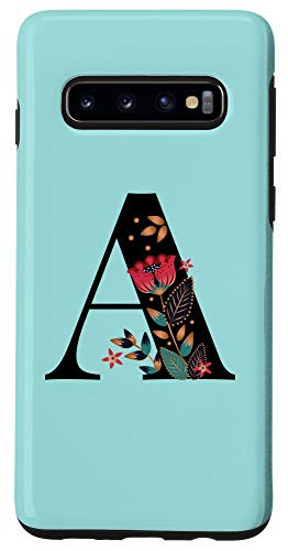 Galaxy S10 Floral Black Letter B on Turquoise Name Initial B Case
